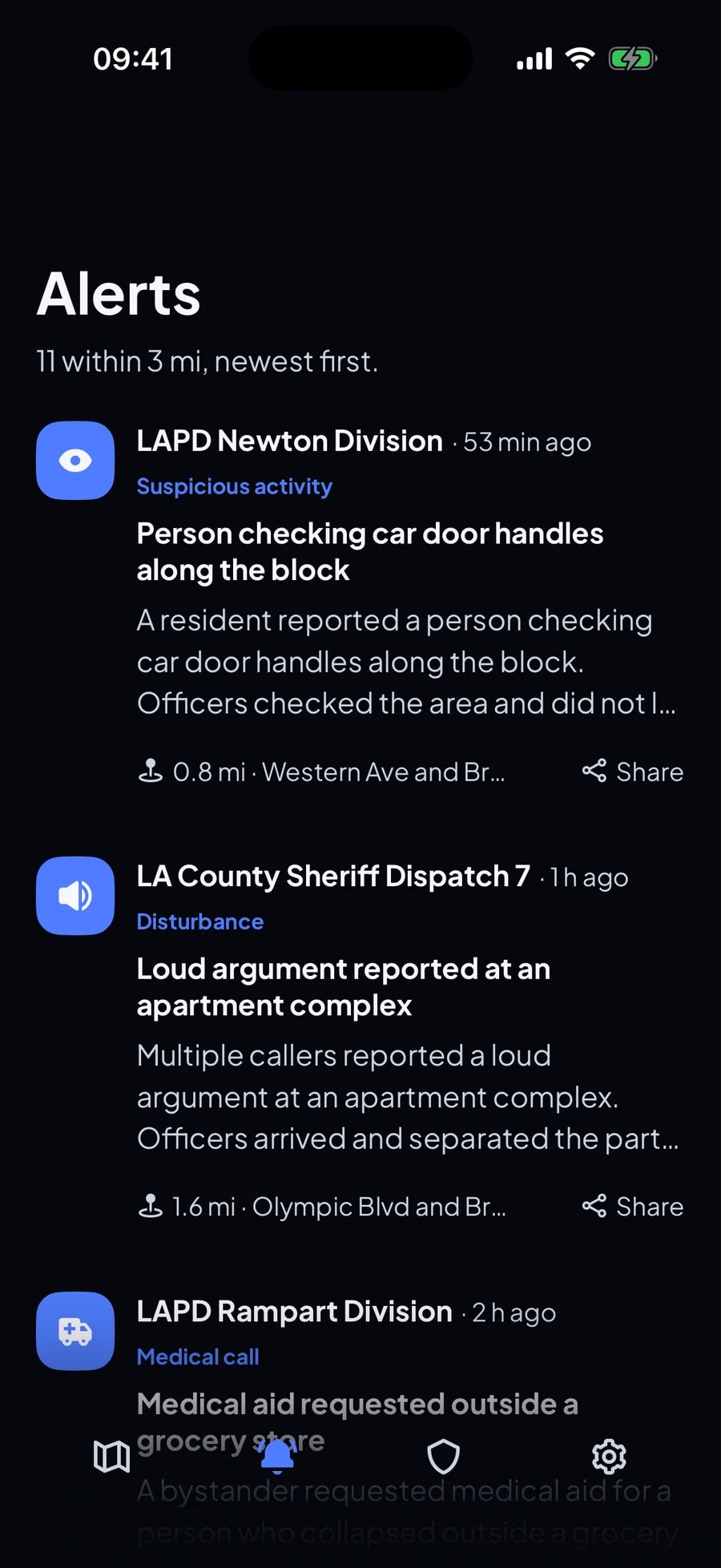 The alerts feed, newest first