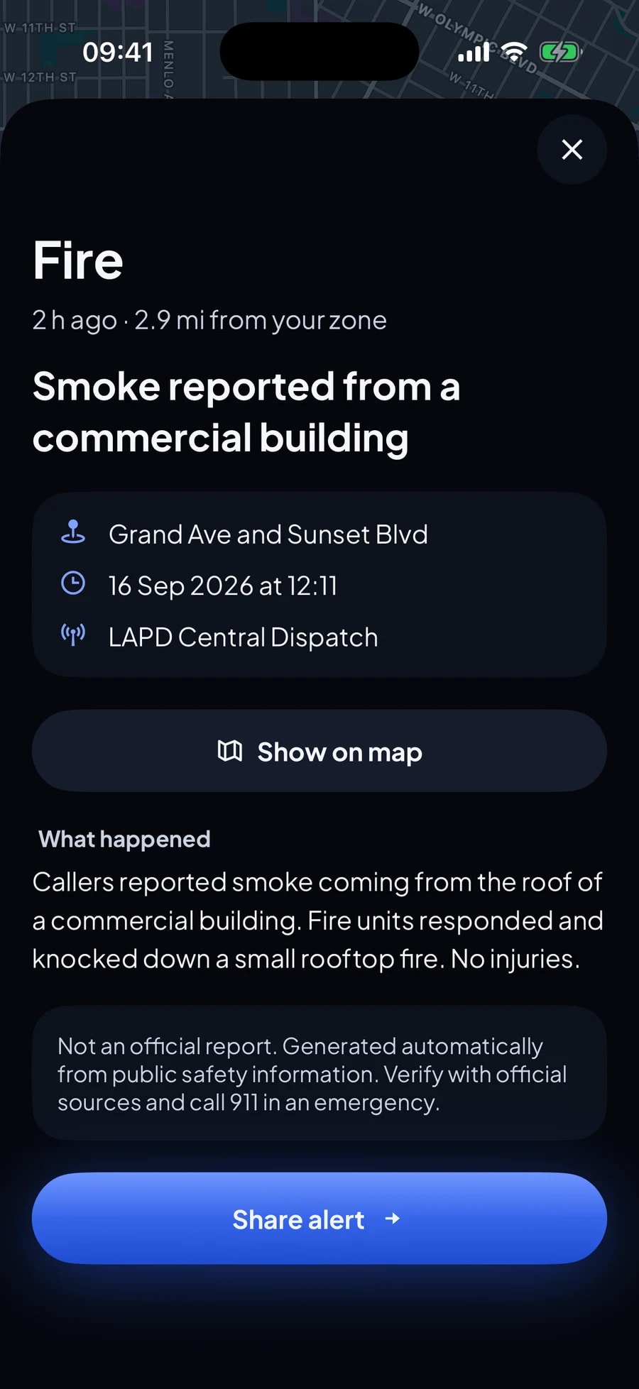 A fire alert opened to its full details