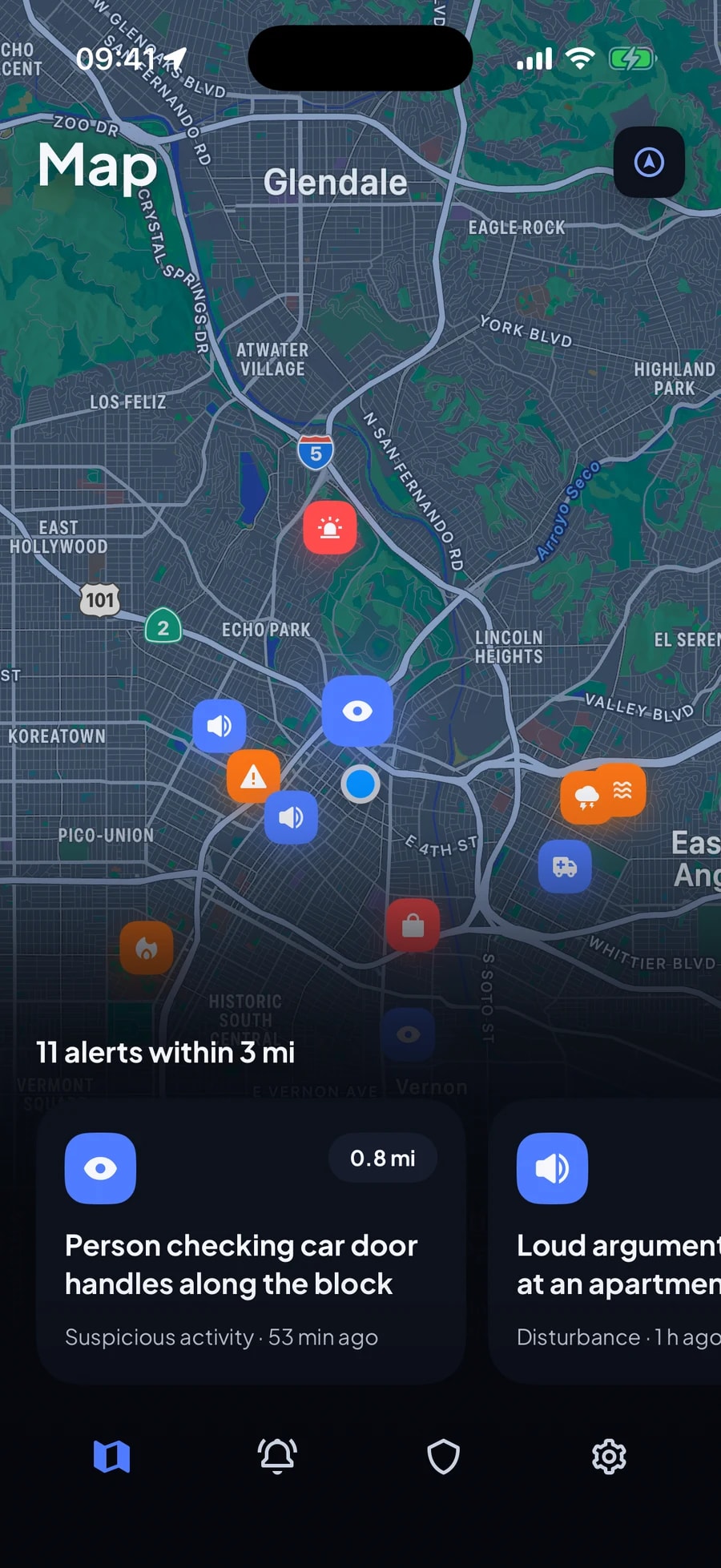Home map with alert pins and poster cards near downtown Los Angeles