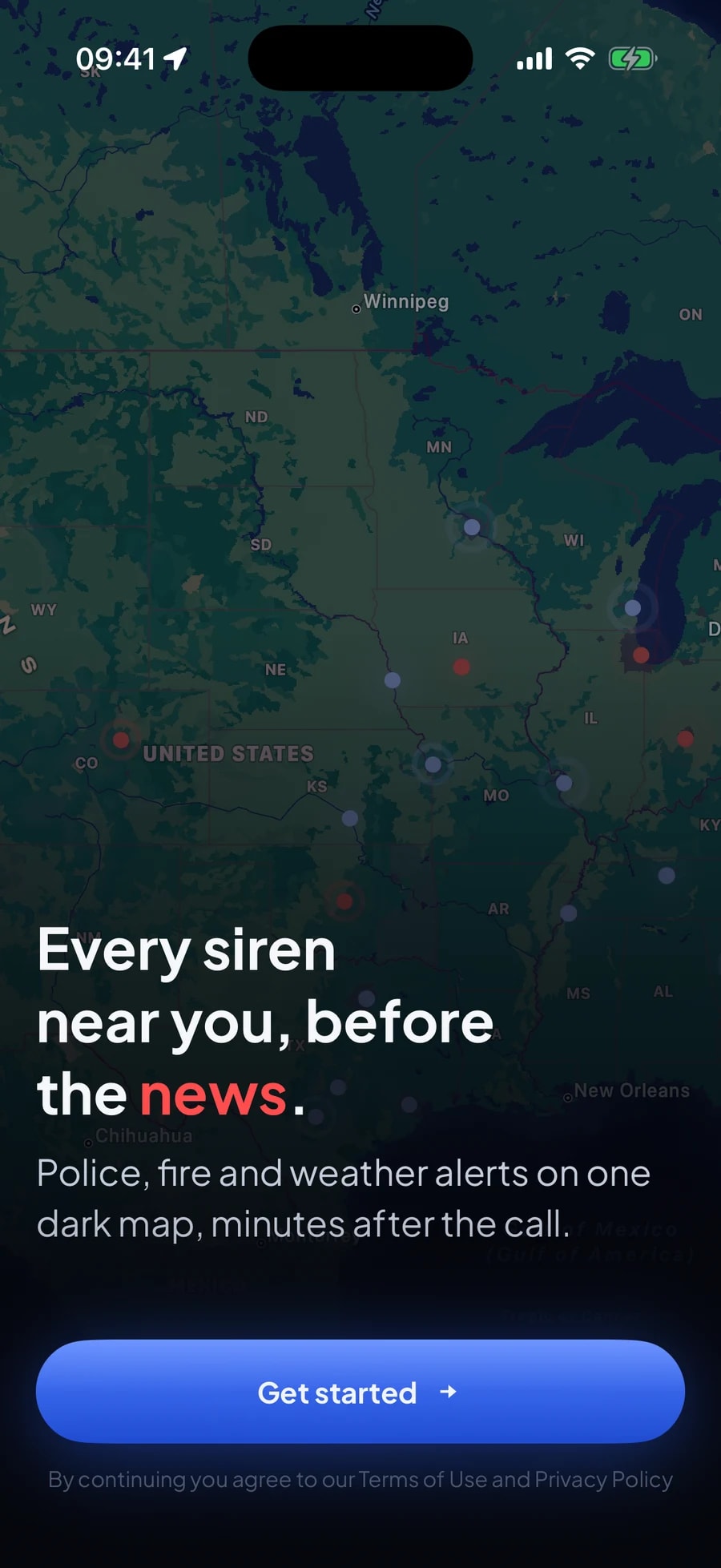 Responder AI opening on a dark map of the US at night