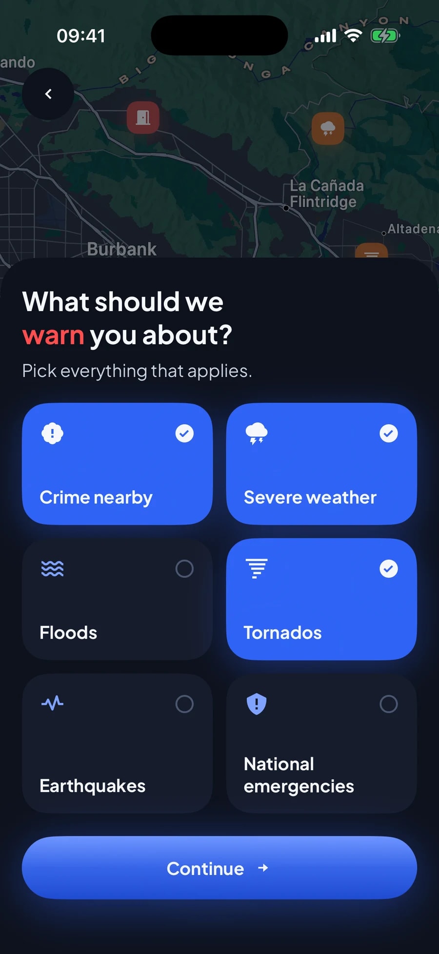 Choosing crime, severe weather and tornado alerts